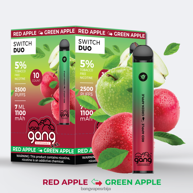 Vape Gang Switch Duo 2 укуса (кутија од 10) 2V40JV46 црвена јабука - зелена јабука Bang Vape disposable