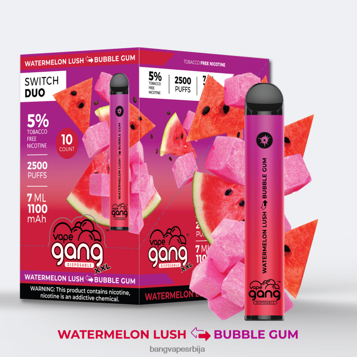 Vape Gang Switch Duo 2 укуса (кутија од 10) 2V40JV47 лед од јагоде - лед од лубенице Bang Vape shop