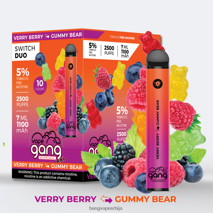 Vape Gang Switch Duo 2 укуса (кутија од 10) 2V40JV48 врло бобица - гумени медвед bang box vape price